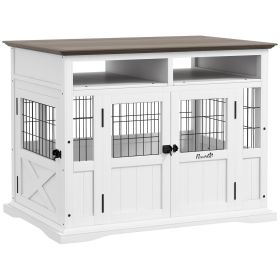 Dog Kennel Furniture Side End Table with Storage Double Doors Small Medium Dogs White