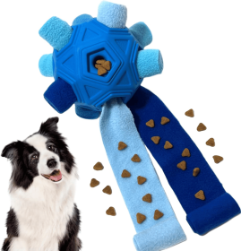 Interactive Dog Toy Durable Blue TPR Squeaky Puzzle Ball with Fluffy Fabric Rollers