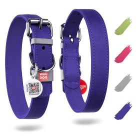 Genuine Purple Leather Dog Collar – Adjustable Classic Leather Collar with QR Safety Tag