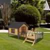 Unique All-Around Iron Frame, Outdoor Large Wooden Cabin House Style Wooden Dog Kennel with Porch