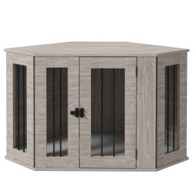 Dog Crate Furniture with Cushion, 41 Inch Corner Design Dog Crate End Table for Medium Dogs, Grey