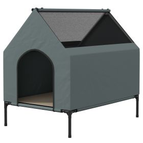 Dog House Outdoor Elevated Dog Bed with Removable Cover, Mesh Windows, Storage Bag, for S and M-Sized Dogs, Grey