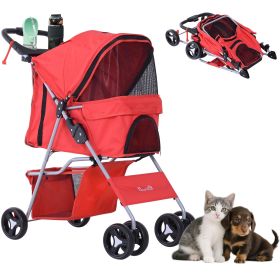 Pet Stroller Foldable Carrier for Cat, Dog and More 4 Wheels Travel Jogger with Cup Holder, Storage Basket, 360 Â° swiveling front wheels, Easy Fold