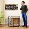 PawHut 30 Inch Dog Crate Furniture, Indoor Pet Kennel Side Table with Rotatable Bowls, 2 Anti-Escape Doors, for M Dogs, Oak
