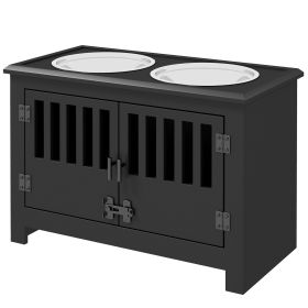 Dog Food Storage Cabinet with Bowls & Dog Feeding Station, Black (Color: black)