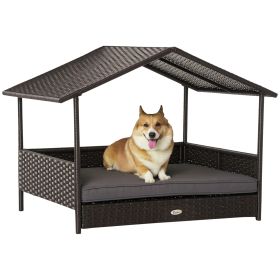 Wicker Pet House Dog Bed for Indoor/Outdoor Rattan Furniture with Cushion (Color: Grey)