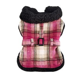 Sherpa-Lined Dog Harness Coat (Color: Hot Pink & Tan Plaid, size: XX-Large)